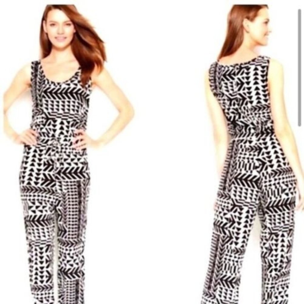 New!! Calvin Klein Jumpsuit Size 14 Black White Geo Sleeveless Elastic Waist